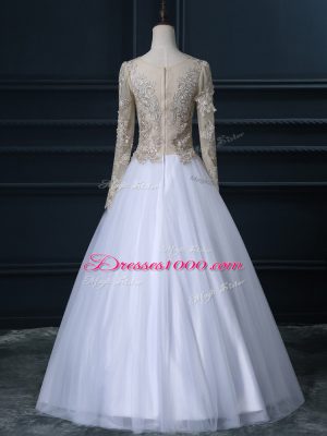 White V-neck Zipper Lace Bridal Gown Long Sleeves