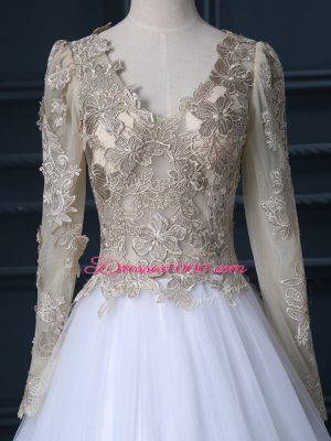 White V-neck Zipper Lace Bridal Gown Long Sleeves