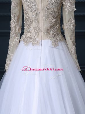 White V-neck Zipper Lace Bridal Gown Long Sleeves