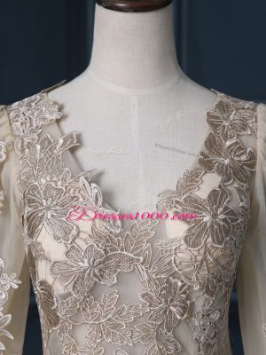 White V-neck Zipper Lace Bridal Gown Long Sleeves