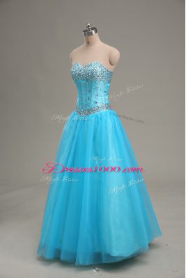 Aqua Blue Tulle Lace Up Sweetheart Sleeveless Floor Length Pageant Dress for Teens Beading