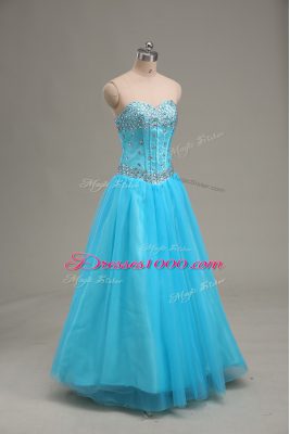 Aqua Blue Tulle Lace Up Sweetheart Sleeveless Floor Length Pageant Dress for Teens Beading