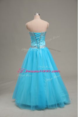 Aqua Blue Tulle Lace Up Sweetheart Sleeveless Floor Length Pageant Dress for Teens Beading