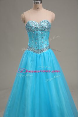 Aqua Blue Tulle Lace Up Sweetheart Sleeveless Floor Length Pageant Dress for Teens Beading