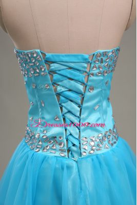 Aqua Blue Tulle Lace Up Sweetheart Sleeveless Floor Length Pageant Dress for Teens Beading