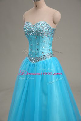 Aqua Blue Tulle Lace Up Sweetheart Sleeveless Floor Length Pageant Dress for Teens Beading