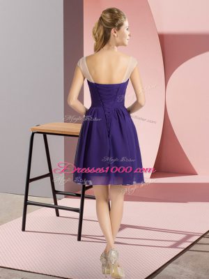 New Arrival Purple Empire Beading Bridesmaid Dress Lace Up Chiffon Cap Sleeves Mini Length