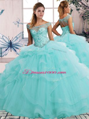 Aqua Blue Ball Gowns Off The Shoulder Sleeveless Tulle Floor Length Lace Up Beading and Ruffles Quinceanera Gowns