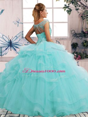 Aqua Blue Ball Gowns Off The Shoulder Sleeveless Tulle Floor Length Lace Up Beading and Ruffles Quinceanera Gowns