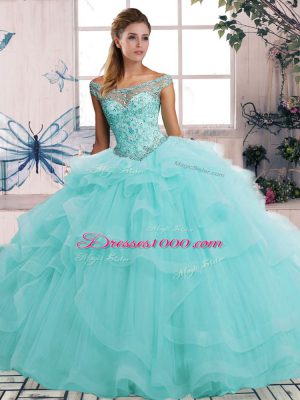 Aqua Blue Ball Gowns Off The Shoulder Sleeveless Tulle Floor Length Lace Up Beading and Ruffles Quinceanera Gowns