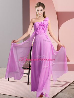 One Shoulder Sleeveless Dama Dress for Quinceanera Floor Length Hand Made Flower Lilac Chiffon