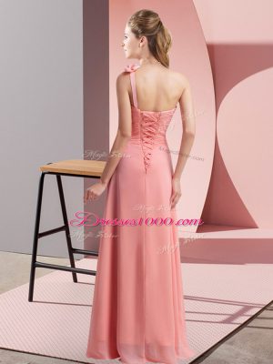 One Shoulder Sleeveless Dama Dress for Quinceanera Floor Length Hand Made Flower Lilac Chiffon