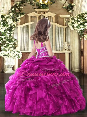 Exquisite Green Ball Gowns Organza Straps Sleeveless Beading and Ruffles Floor Length Lace Up Pageant Dress Toddler