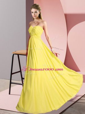 Vintage Yellow Empire Ruching Homecoming Dress Lace Up Chiffon Sleeveless Floor Length