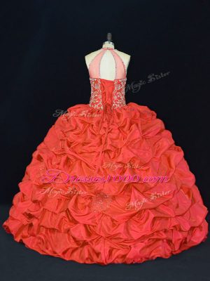 Modest Red Halter Top Lace Up Beading and Appliques and Embroidery Sweet 16 Quinceanera Dress Sleeveless