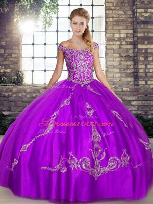 Floor Length Lace Up Quinceanera Gown Purple for Military Ball and Sweet 16 and Quinceanera with Beading and Embroidery