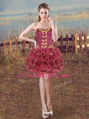 Classical Burgundy Lace Up Homecoming Gowns Embroidery and Ruffles Sleeveless Mini Length