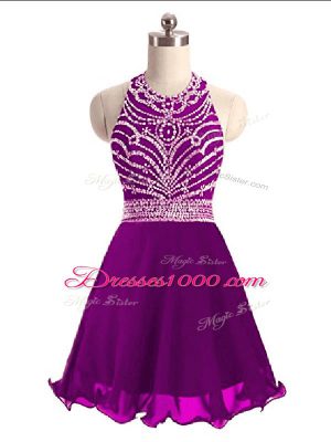 Glittering Eggplant Purple Lace Up Halter Top Beading Homecoming Gowns Chiffon Sleeveless