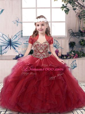 Red Kids Formal Wear Party and Sweet 16 and Wedding Party with Beading Straps Sleeveless Lace Up