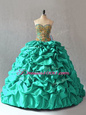 Sleeveless Beading and Pick Ups Lace Up Quinceanera Dress with Turquoise Brush Train