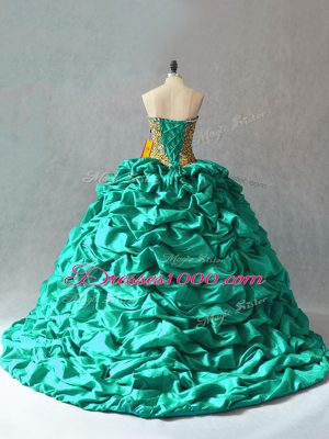Sleeveless Beading and Pick Ups Lace Up Quinceanera Dress with Turquoise Brush Train