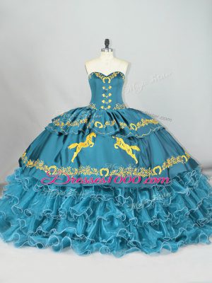 Teal Satin and Organza Lace Up Quinceanera Dress Sleeveless Brush Train Embroidery and Ruffled Layers