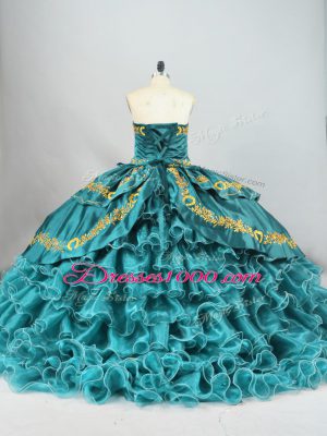 Teal Satin and Organza Lace Up Quinceanera Dress Sleeveless Brush Train Embroidery and Ruffled Layers