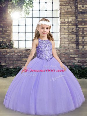 Admirable Lavender Ball Gowns Scoop Sleeveless Tulle Floor Length Lace Up Beading Casual Dresses