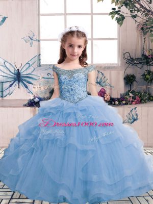 Fantastic Light Blue Ball Gowns Tulle Scoop Sleeveless Beading and Ruffles Floor Length Lace Up Pageant Dress Wholesale