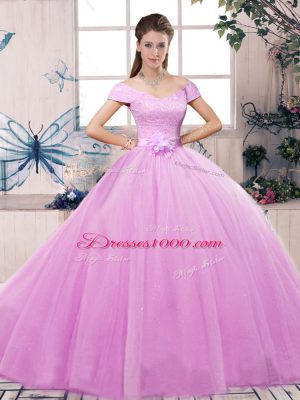 Lace and Hand Made Flower Quinceanera Dresses Lilac Lace Up Short Sleeves Floor Length