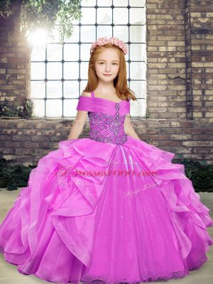 Custom Made Floor Length Lilac Pageant Dress for Teens Straps Sleeveless Lace Up