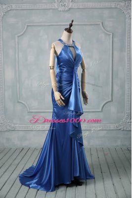 Blue Halter Top Criss Cross Beading and Ruching Brush Train Sleeveless