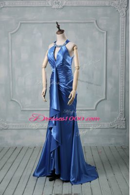 Blue Halter Top Criss Cross Beading and Ruching Brush Train Sleeveless