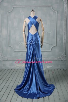 Blue Halter Top Criss Cross Beading and Ruching Brush Train Sleeveless