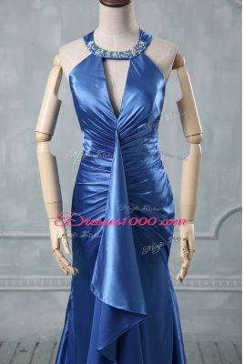 Blue Halter Top Criss Cross Beading and Ruching Brush Train Sleeveless