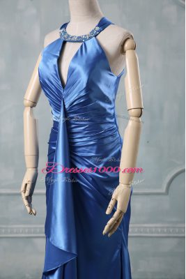 Blue Halter Top Criss Cross Beading and Ruching Brush Train Sleeveless