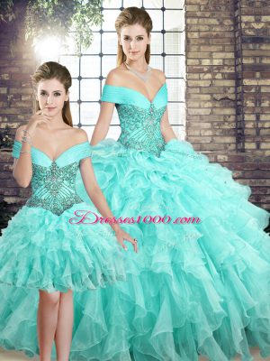 Best Selling Aqua Blue Vestidos de Quinceanera Organza Brush Train Sleeveless Beading and Ruffles