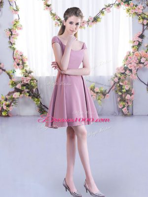 Most Popular Pink A-line Chiffon Straps Cap Sleeves Ruching Mini Length Zipper Bridesmaids Dress