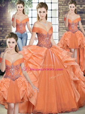 Noble Orange Sleeveless Beading and Ruffles Floor Length Vestidos de Quinceanera