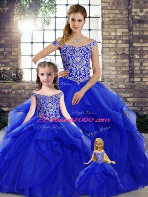 Exceptional Sleeveless Beading and Ruffles Lace Up Sweet 16 Dress with Royal Blue Brush Train