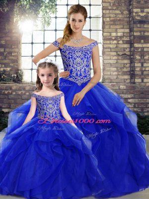 Exceptional Sleeveless Beading and Ruffles Lace Up Sweet 16 Dress with Royal Blue Brush Train