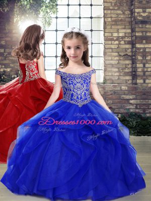 Exceptional Sleeveless Beading and Ruffles Lace Up Sweet 16 Dress with Royal Blue Brush Train