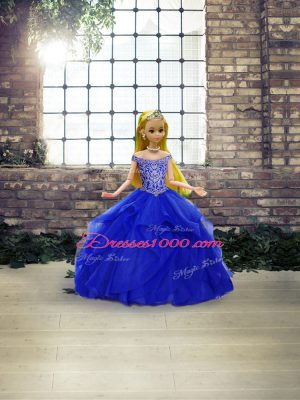 Exceptional Sleeveless Beading and Ruffles Lace Up Sweet 16 Dress with Royal Blue Brush Train