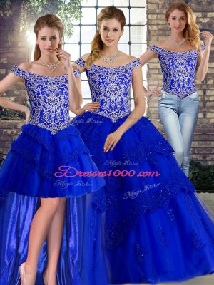 Royal Blue Three Pieces Tulle Off The Shoulder Sleeveless Beading and Lace Lace Up Vestidos de Quinceanera Brush Train
