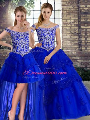 Royal Blue Three Pieces Tulle Off The Shoulder Sleeveless Beading and Lace Lace Up Vestidos de Quinceanera Brush Train