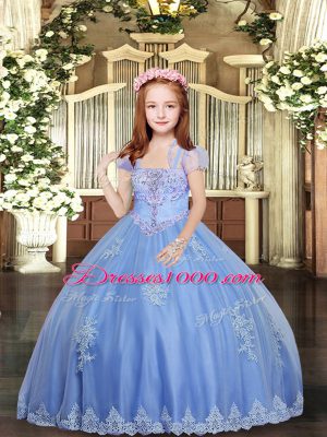 Stylish Baby Blue Ball Gowns Straps Sleeveless Tulle Floor Length Lace Up Appliques Pageant Dresses