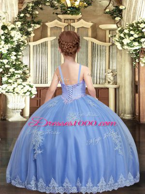 Stylish Baby Blue Ball Gowns Straps Sleeveless Tulle Floor Length Lace Up Appliques Pageant Dresses