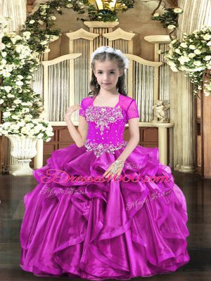 Fuchsia Sleeveless Organza Lace Up Little Girls Pageant Gowns for Party and Sweet 16 and Wedding Party