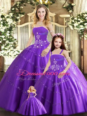 Custom Made Purple Tulle Lace Up Strapless Sleeveless Floor Length Quinceanera Gowns Beading