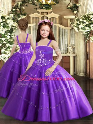 Custom Made Purple Tulle Lace Up Strapless Sleeveless Floor Length Quinceanera Gowns Beading